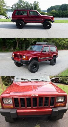 four different pictures of the same vehicle in three different photos, one is red and the other is black