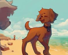 a cartoon dog is walking on the beach