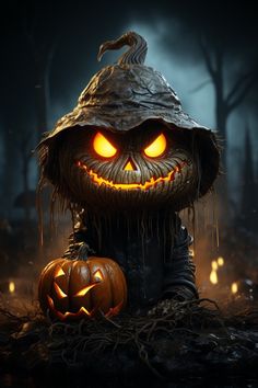 an evil pumpkin sitting on top of a pile of hay with glowing eyes and head