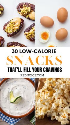 A collection of low-calorie snacks under 200 calories! The pin features low-cal snacks including hard-boiled eggs, salted popcorn, Greek yogurt dip with dills and cucumber slices, and peanut butter spread on dried dates with chopped pistachios. Snacks Under 200 Calories, Snacks Under 200, Dinners Under 500 Calories, Curb Cravings, Filling Snacks, High Protein Low Calorie, No Calorie Snacks