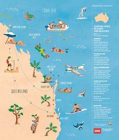 an illustrated map of australia with people on the beach and other places to see them