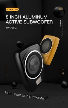 an advertisement for a subwoofer with two speakers on the front and back