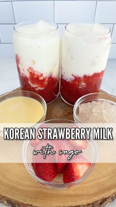 korean strawberry milkshake with yogurt and strawberries in bowls on a wooden tray