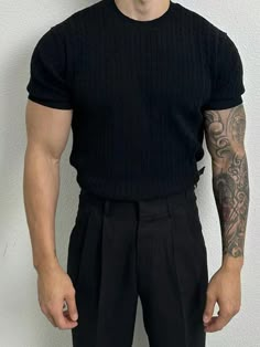 Black Casual Collar Short Sleeve Fabric Plain  Embellished High Stretch  Men Clothing Mens Black Outfit Classy, Simple Male Fashion, Men’s Fashion Business, Men’s Skater Fashion Style, Black Business Man Aesthetic, Goth Men Aesthetic, Black Casual Outfit Men, Romantic Goth Men, Formal Casual Outfits Mens