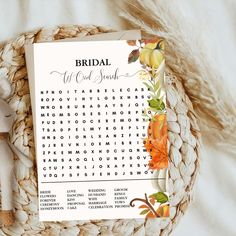 a floral bridal word search printable on a rope basket next to a fork and knife