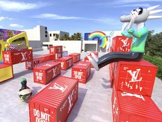 an animated image of a person on a skateboard in front of some red boxes