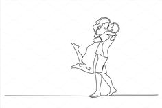 a continuous line drawing of a man and woman holding each other in the air with their hands