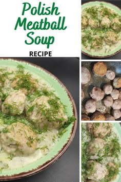 three pictures show different types of meatballs in a bowl with sauce and herbs on the side