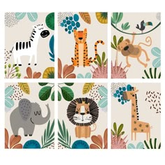 four different pictures of animals and plants in the same square shape, each with an animal theme