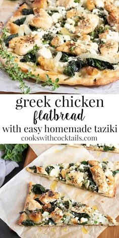 this greek chicken flatbread is loaded with easy homemade tasty pizza crust and fresh herbs