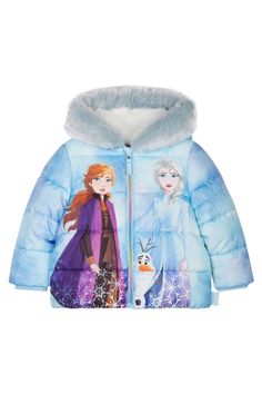 a blue jacket with an image of frozen princesses on it