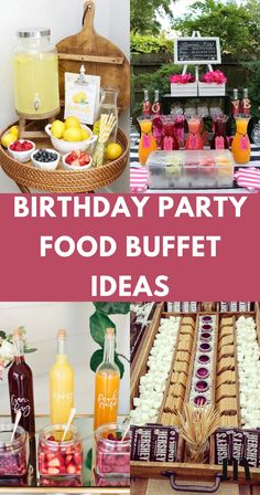 birthday party food buffet ideas with pink and white striped tablecloths, lemonade bottles, fruit