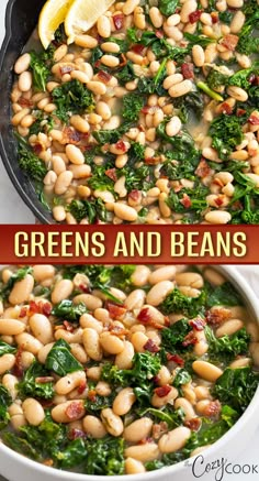 spinach and beans in a skillet with lemon wedges