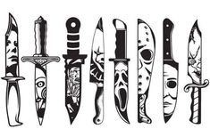 an assortment of different types of knifes in black and white illustration on a white background