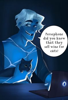 a cartoon character holding a black cat in front of a laptop with a caption saying persephone did you know that they sell wine for cats?