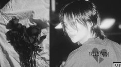 black and white photograph of a person with flowers in front of them, next to a t - shirt that says i love you