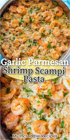 garlic parmesan shrimp scampi pasta in a skillet with text overlay