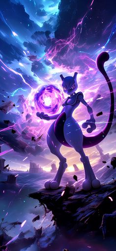 a cat standing on top of a rock next to a purple and blue cloud filled sky