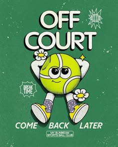 an advertisement for a tennis court with a cartoon character holding a ball in the air