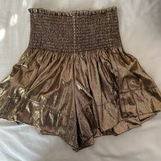 Worn Once, Brand New Condition Gold Bottoms With Built-in Shorts For Summer, High Waist Gold Shorts For Night Out, Gold Stretch Shorts For Night Out, Summer High-waisted Shorts For Night Out, Gold Bottoms For Night Out, Gold Bottoms For Summer Night Out, Gold Bottoms For Night Out In Summer, Gold Shorts For Night Out In Spring, Gold Shorts For Spring Night Out