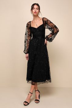 You'll twirl your way into everyone's heart in the Lulus Darling Charisma Black Mesh Embroidered Midi Dress! Elegant floral embroidered mesh shapes a sweetheart neckline (with hidden no-slip strips) and sheer, long balloon sleeves (with elasticized shoulders and cuffs) that can be styled on or off the shoulders. A tying sash belt punctuates the high waist that sits atop a flowy skater skirt that ends at a chic midi hem. Hidden back zipper/clasp. Fit: This garment fits true to size. Length: Mid-c Formal Tea Dress, Fall Formal Midi Dress, Engagement Party Dress For Guest Winter, Celestial Midi Dress, Modern Formal Dresses For Women, Professional Gala Dress, Winter Guest Dress Wedding, Long Sleeve Black Dress Midi, Long Sleeve Sweetheart Dress