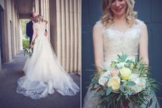 the bride and groom are posing for pictures