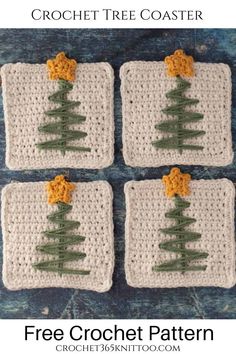 four crochet christmas tree coasters on a blue background with the text, free crochet pattern