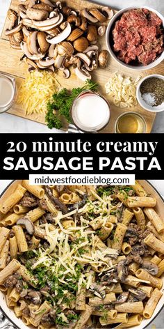 sausage pasta with mushrooms and parmesan cheese on top