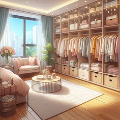 a bedroom with a bed, couch and closet full of clothes on shelves next to a window