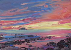 an oil painting of a colorful sunset over the ocean with rocks and mountains in the foreground