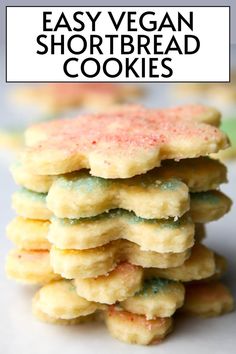 easy vegan shortbread cookies stacked on top of each other with text overlay