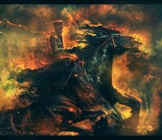 a painting of a man riding on the back of a black horse with flames in the background