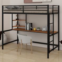 a loft bed with a desk underneath it in a living room or dining room area