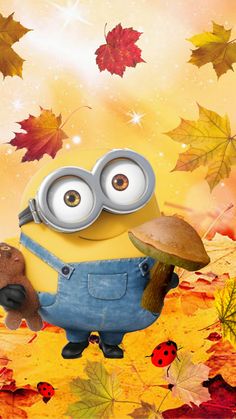 a minion holding a mushroom and wearing overalls in front of autumn leaves with ladybugs