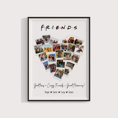 a heart shaped photo frame with the words friends on it and pictures of people in them