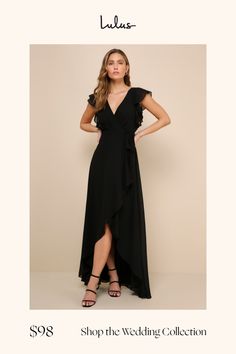 a woman in a long black dress with the words shop the wedding collection on it