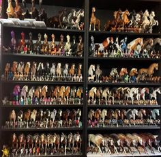 the shelves are filled with many different types of toy horses