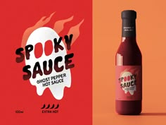 two bottles of hot sauce next to each other on an orange and red background with the words spooky sauce