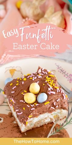 an easter cake with chocolate frosting and candy eggs on top, sitting on a plate