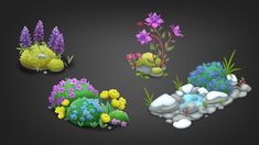 some plants and rocks on a black surface with flowers in the middle, bushes and grass around them