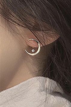 A woman wearing crescent moon ear jacket earrings. Jacket Earrings, Ear Party, Moon And Star Earrings, Unique Jackets, Earring Jackets, Moon Studs, Dainty Studs, Earring Gold, Ear Jacket