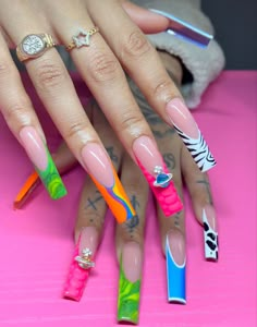 Nails 2023 Trends Summer Long, Cool Nails Acrylic, 90s Inspired Nails Acrylic Black Women, Long Colorful Nails, Summer Long Nail Ideas, 90 Nails The 90s Art Designs Long, Colorful 90s Nails, Colorful Nails Acrylic, Colorful Junk Nails