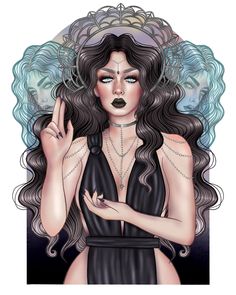 a drawing of a woman with long hair and black makeup holding her hand up to her face