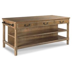 a wooden table with two drawers on one side and an open shelf on the other