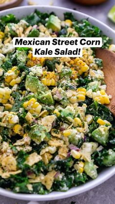 mexican street corn kale salad in a white bowl