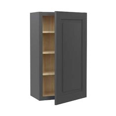 a gray cabinet with two shelves and one door open on the left side, in front of a white background