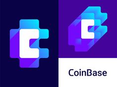 the logo for coinbasee is shown in purple and blue tones with a long shadow