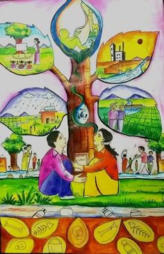 an artistic painting depicting people around a tree