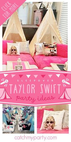 a collage of photos with the words taylor swift party ideas in pink and white