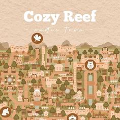 the cover of cozy reef, featuring an illustration of a town surrounded by trees and buildings